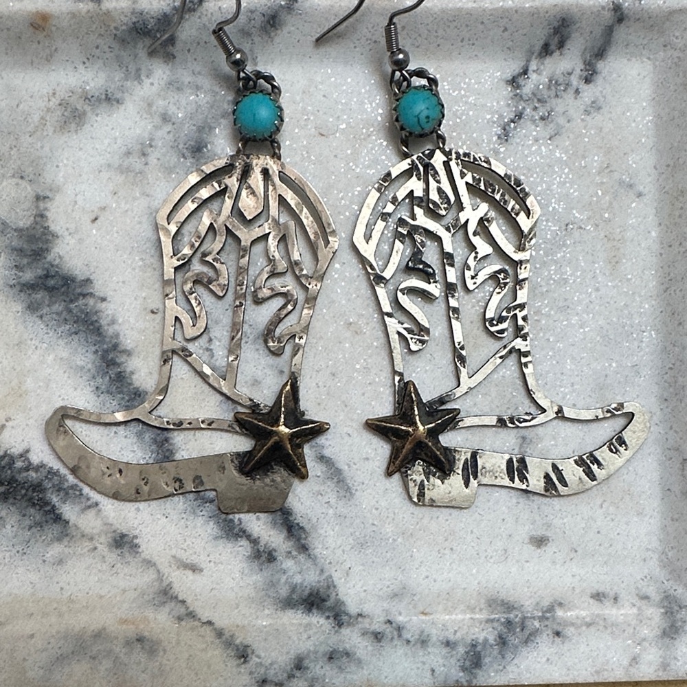 Silver and Gold Star Cowboy Boot Earrings